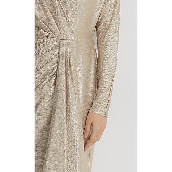 LAUREN RALPH LAUREN WOMENS 16 FAUX WRAP STRETCH COCKTAIL DRESS METALLIC GOLD NEW - Picture 4 of 14